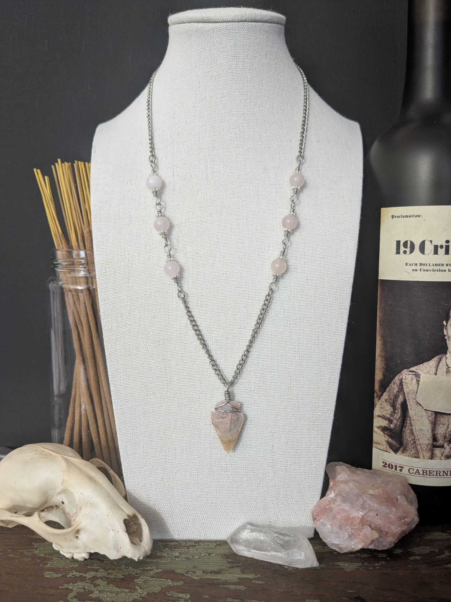 One-of-a-kind, Handmade, Upcycled Rose Quartz and Arrowhead Beaded Necklace